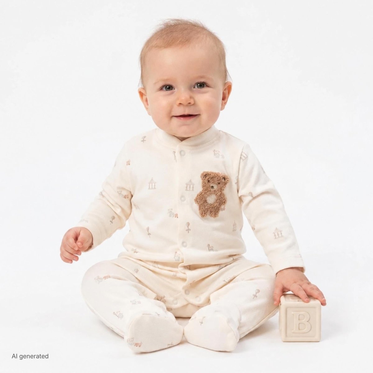 Bebetto Embroidered Animal Print Footed Baby Sleepsuit (Newborn to 6-9 Months) - Ecru