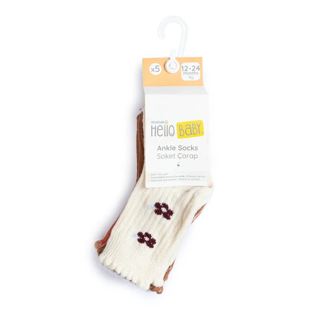 HelloBaby Girls Pack of 5 Ankle Socks Floral Print Cotton Rich - Orange Printed