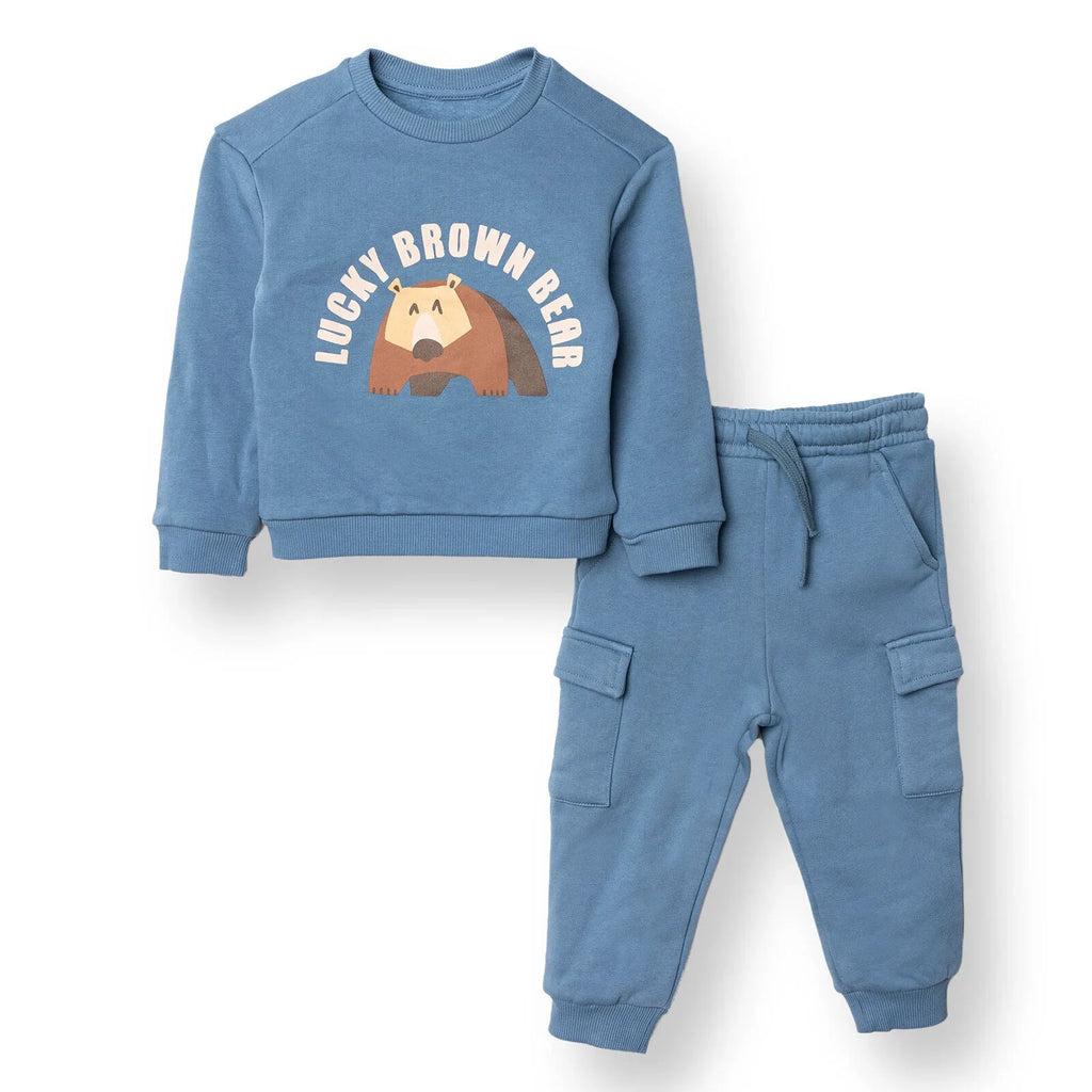 HelloBaby "Lucky Brown Bear" Slogan Brushed Back Sweat Baby Sweatshirt & Joggers Set (3-6 Months to 4-5 Years)