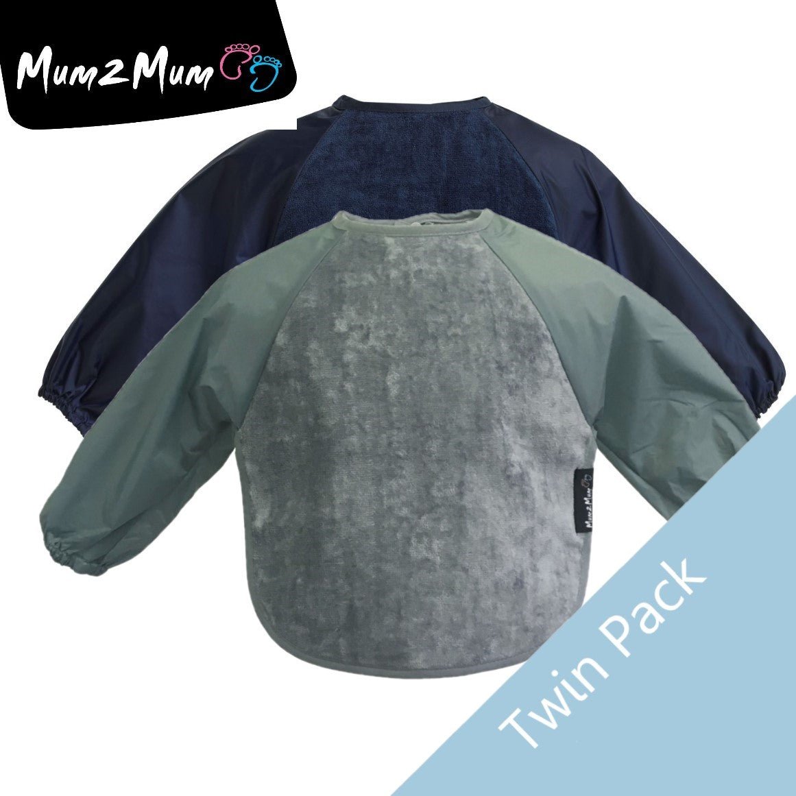 2 PACK - Mum 2 Mum Long Sleeved Wonder Bib LARGE 18m - 3 years - Grey & Navy