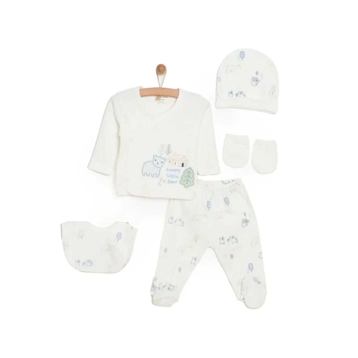 Aziz Bebe 5 Piece Happy Little Bear Print Envelope Neck Baby Hospital Bag Set (Newborn)