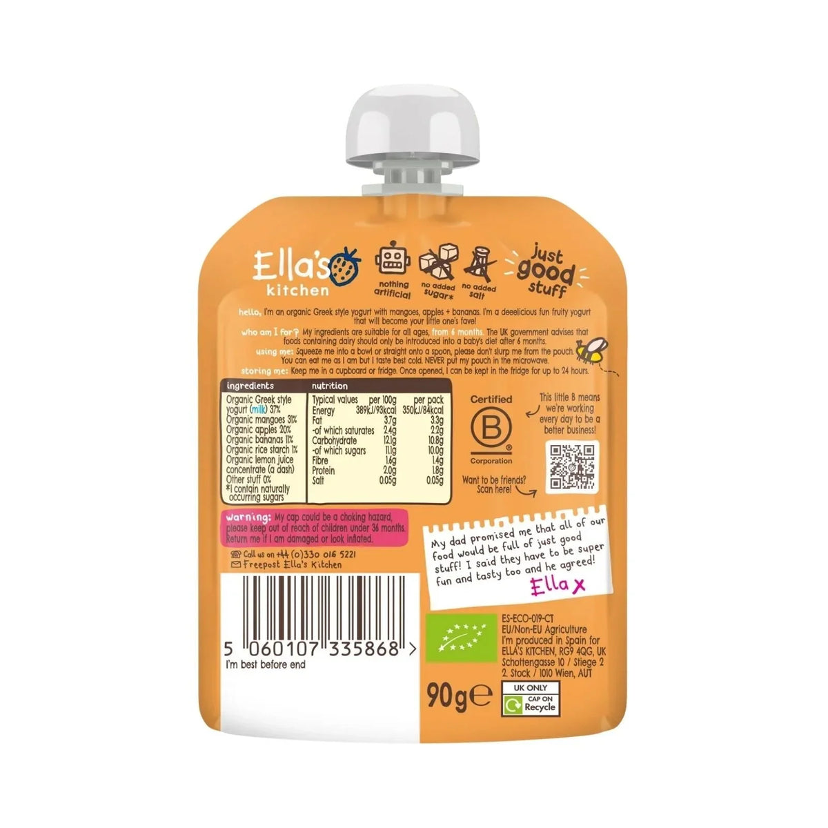 Ella's Kitchen Organic Mango Greek Style Yoghurt Baby Food Pouch 6+ months 90g