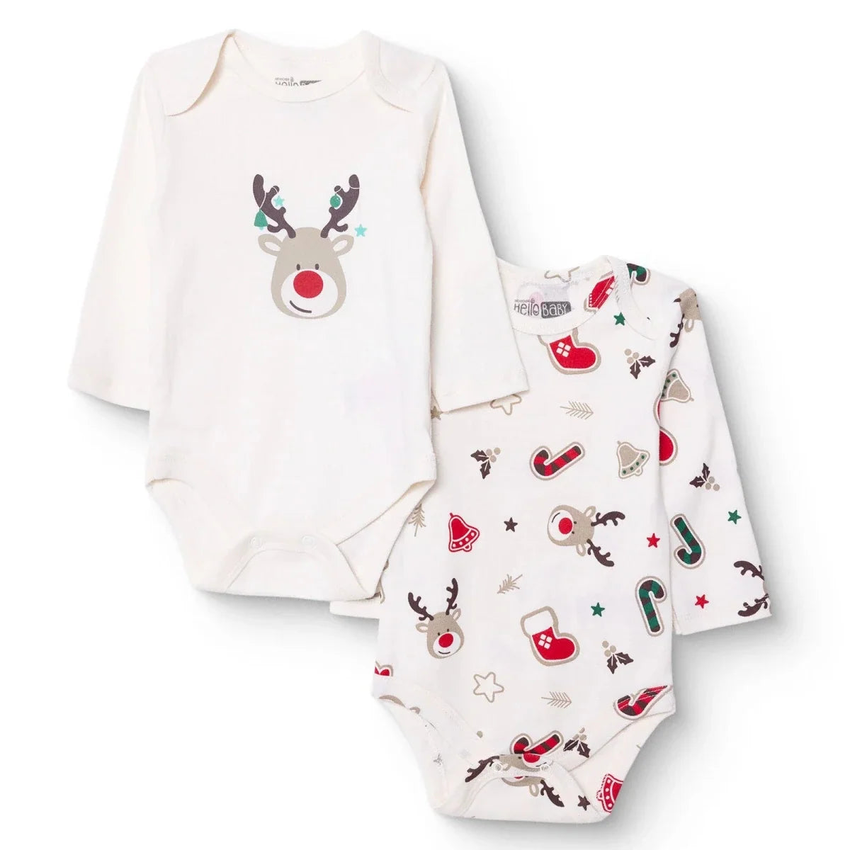 HelloBaby 2 Pack Festive Print Long Sleeve Baby Bodysuits (1-3 Months to 2-3 Years)