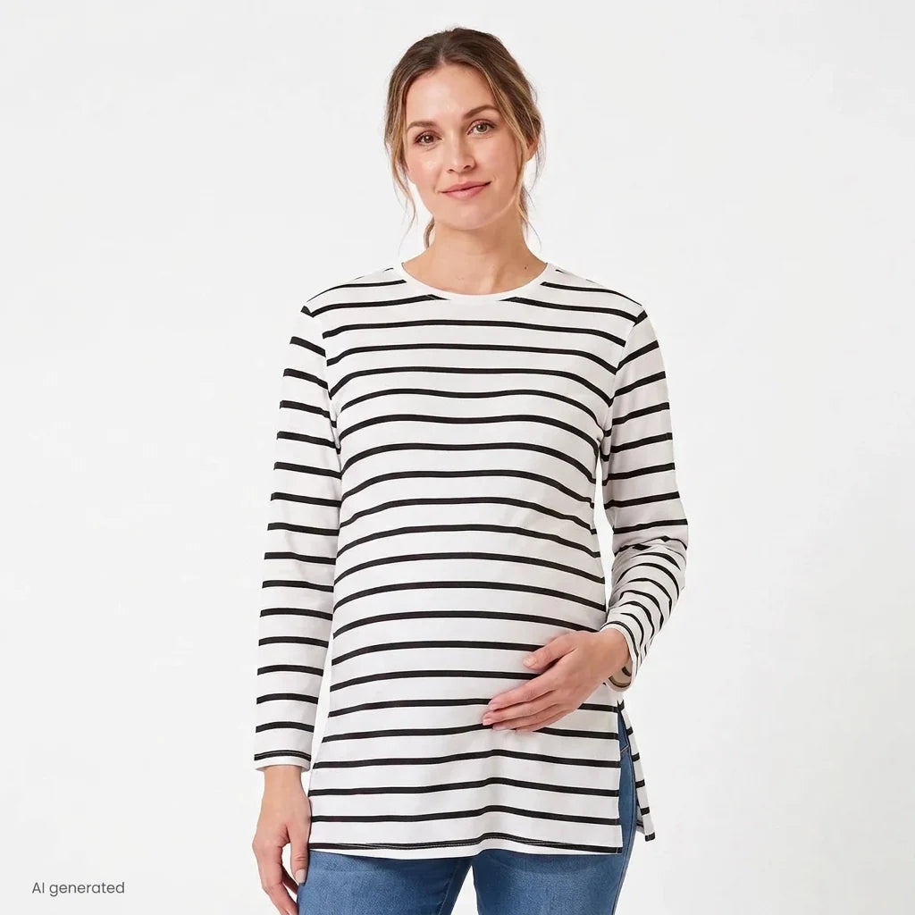 Baby Mom Striped Women's Maternity Long Sleeve T-Shirt (S to 2XL) - Black Printed