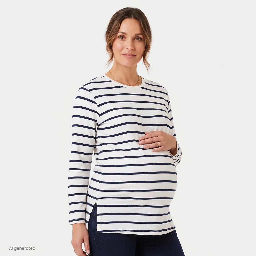 Baby Mom Striped Women's Maternity Long Sleeve T-Shirt (S to 2XL) - Brown Printed