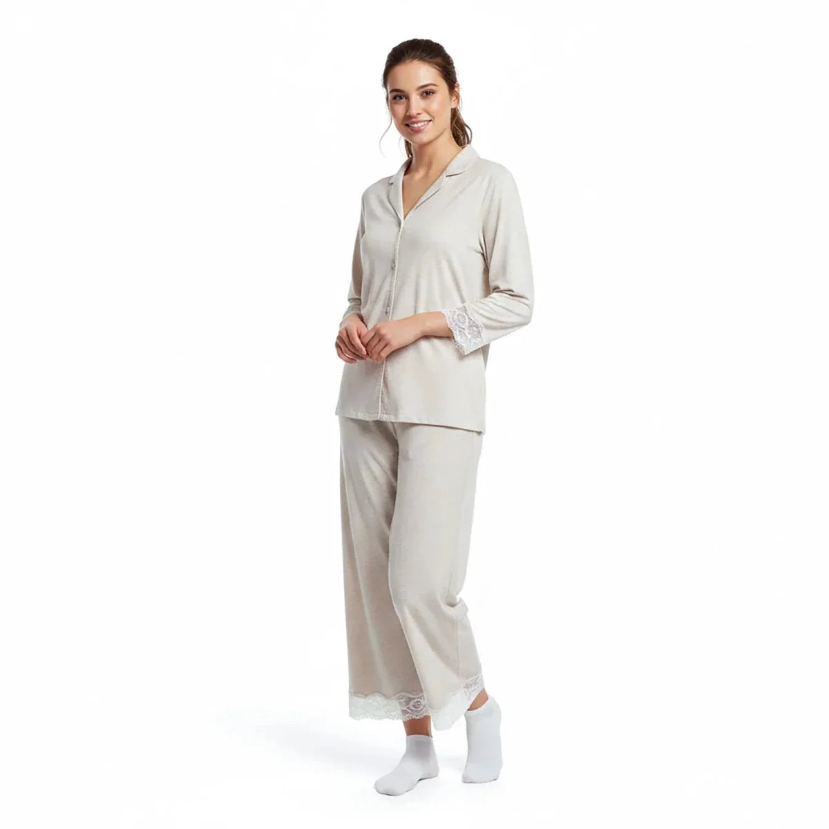 Baby Mom Women's V-Neck Button Front Pyjama Set (S to 2XL) - Beige
