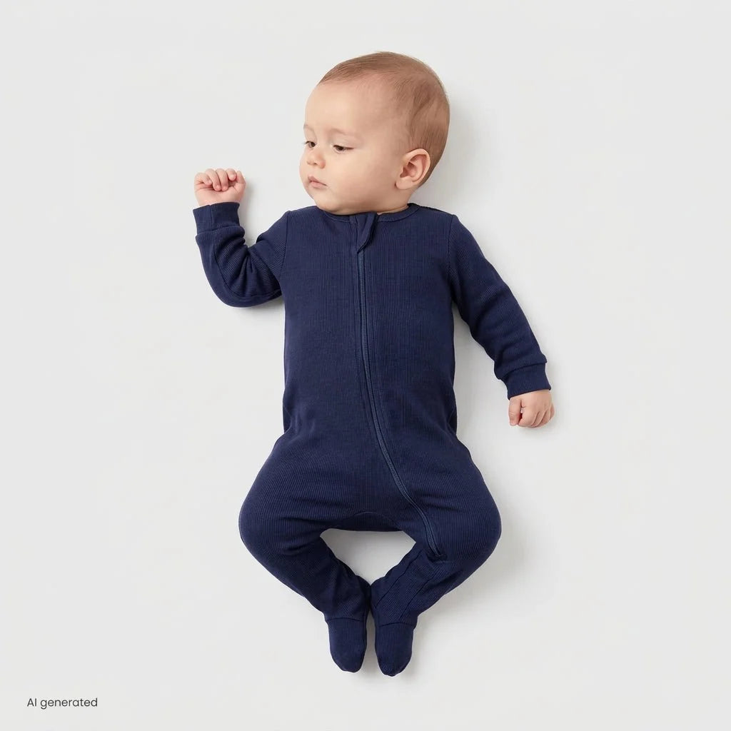 HelloBaby Zip-Up Ribbed Baby Sleepsuit with Feet (Newborn to 6-9 Months) - Dark Blue