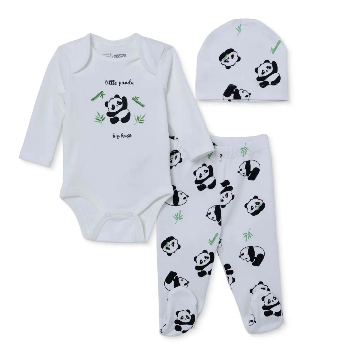 HelloBaby Panda Print Baby Bodysuit, Hat & Bottoms Set (Newborn to 6-9 Months) - Ecru