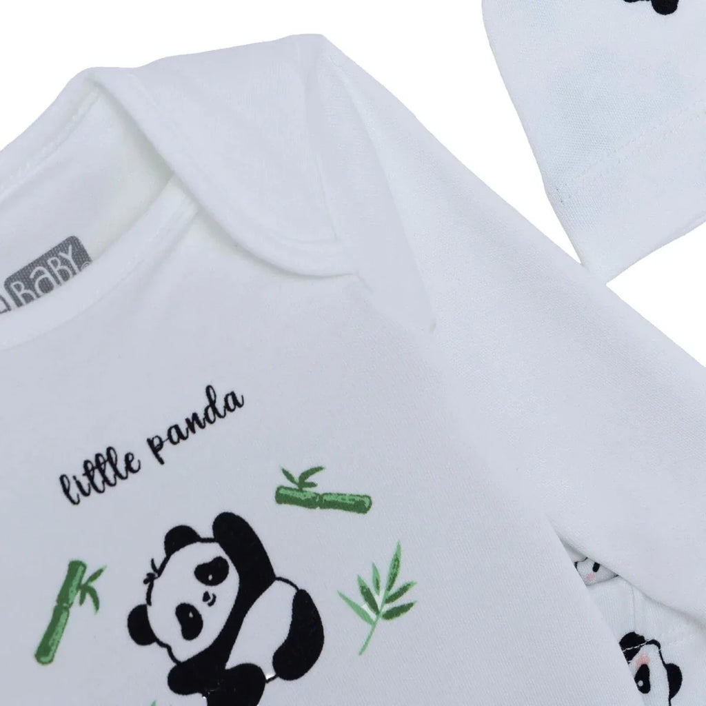 HelloBaby Panda Print Baby Bodysuit, Hat & Bottoms Set (Newborn to 6-9 Months) - Ecru