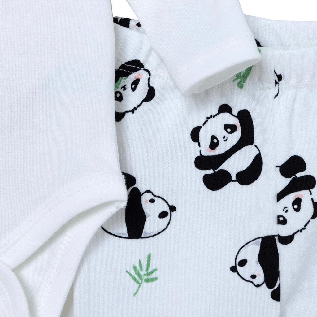 HelloBaby Panda Print Baby Bodysuit, Hat & Bottoms Set (Newborn to 6-9 Months) - Ecru