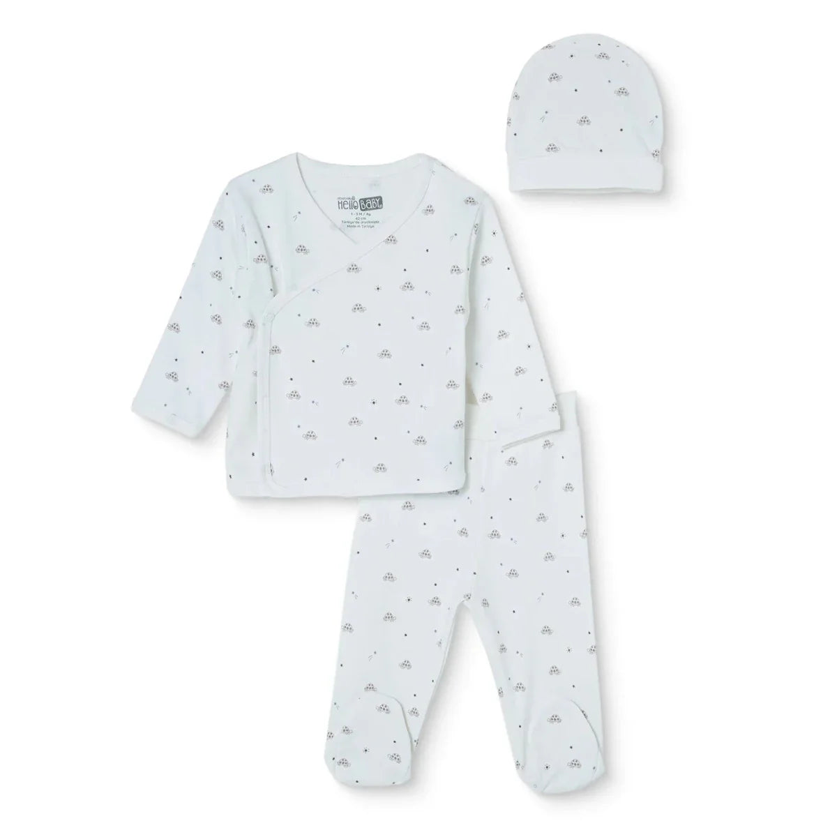 HelloBaby Turtle Print Baby Hat, Vest & Bottoms Set (Newborn to 3-6 Months) - Ecru