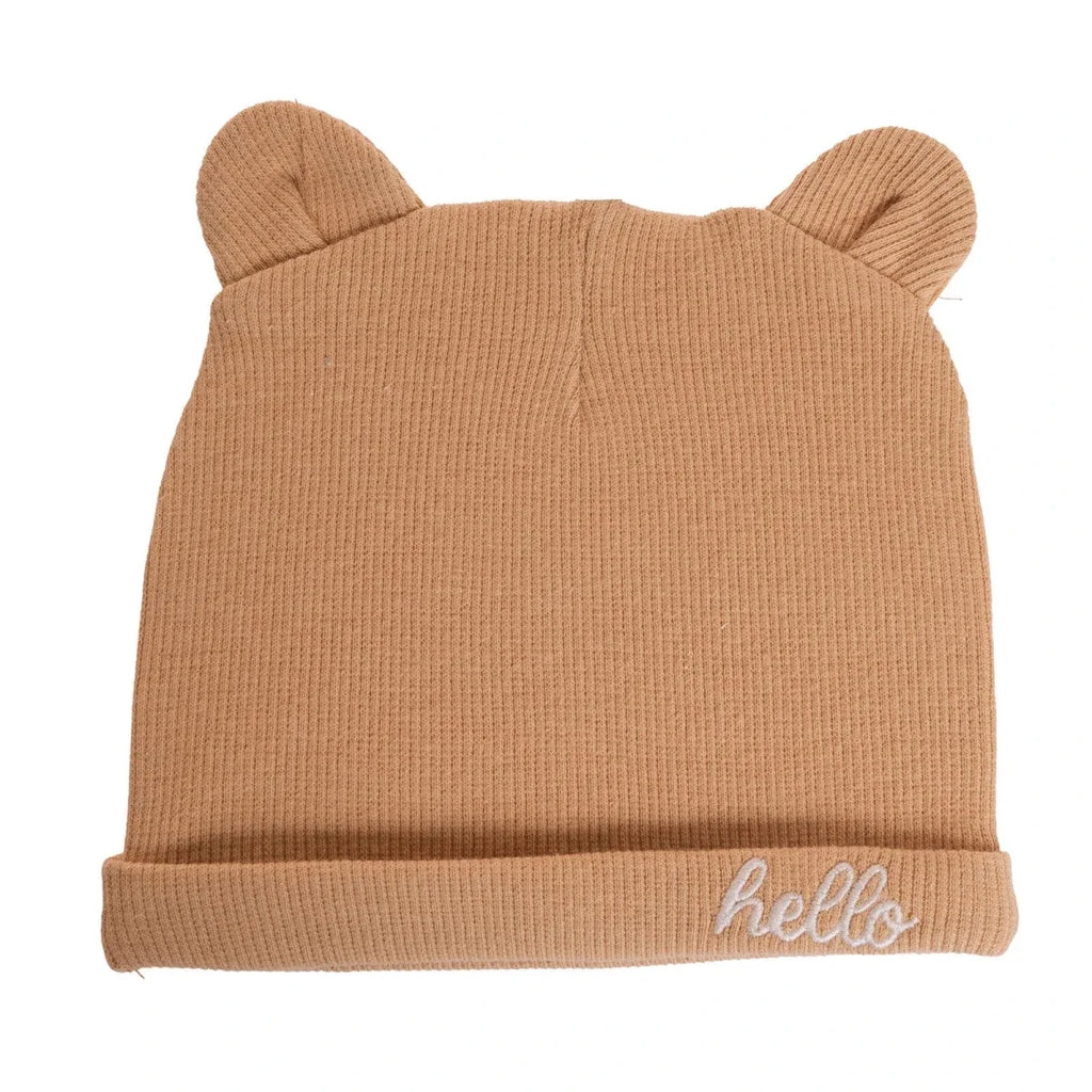 HelloBaby Slogan Print Ribbed Baby Hat (Newborn) - Light Brown
