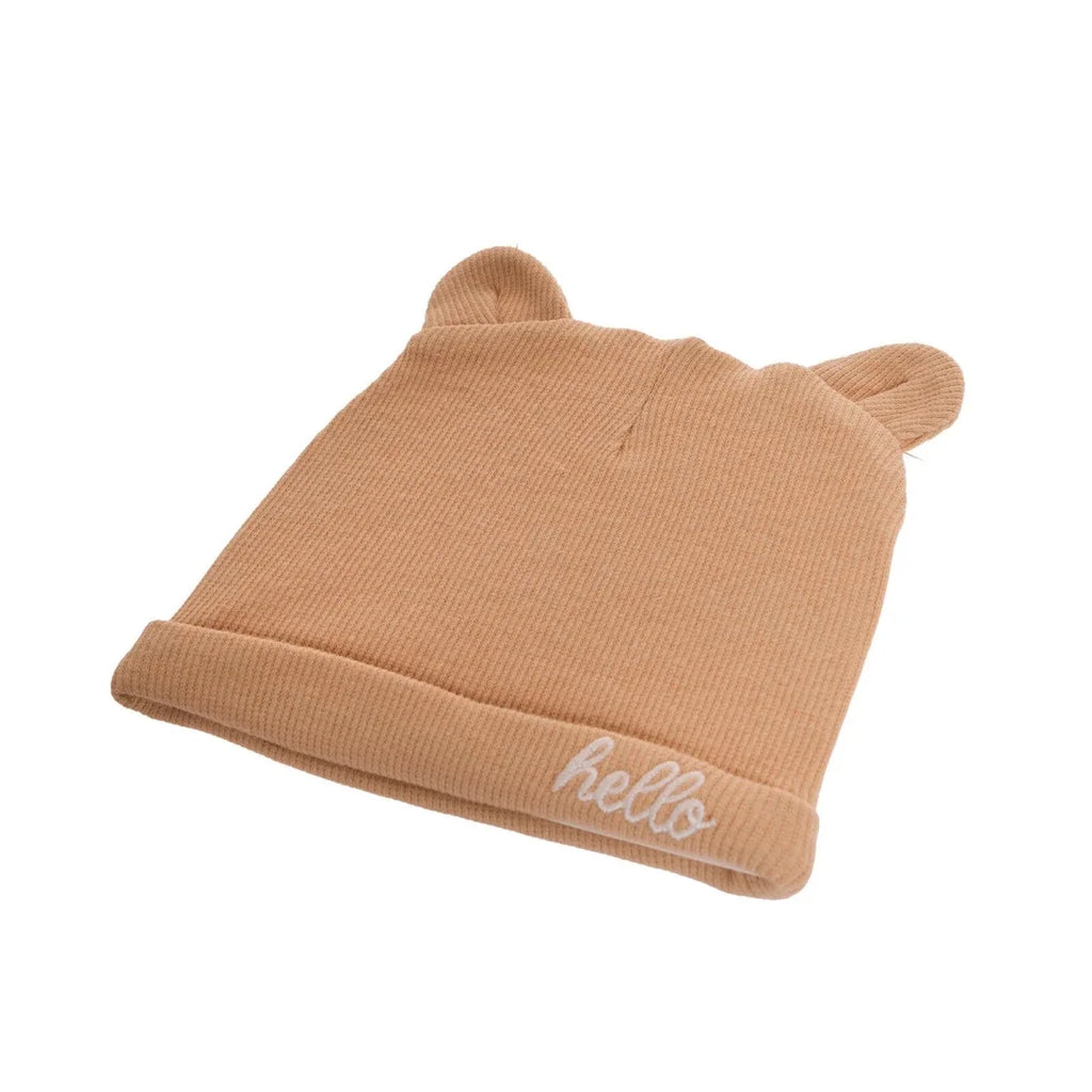 HelloBaby Slogan Print Ribbed Baby Hat (Newborn) - Light Brown