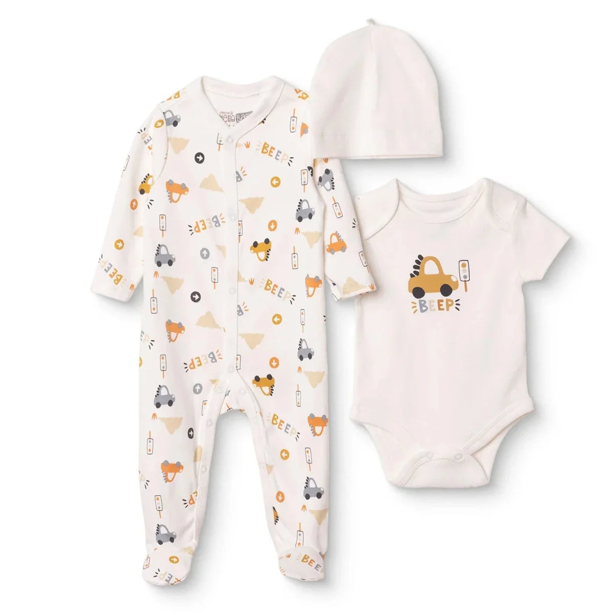 HelloBaby Car Print Baby Bodysuit, Hat & Sleepsuit Set (Newborn to 3-6 Months) - Ecru