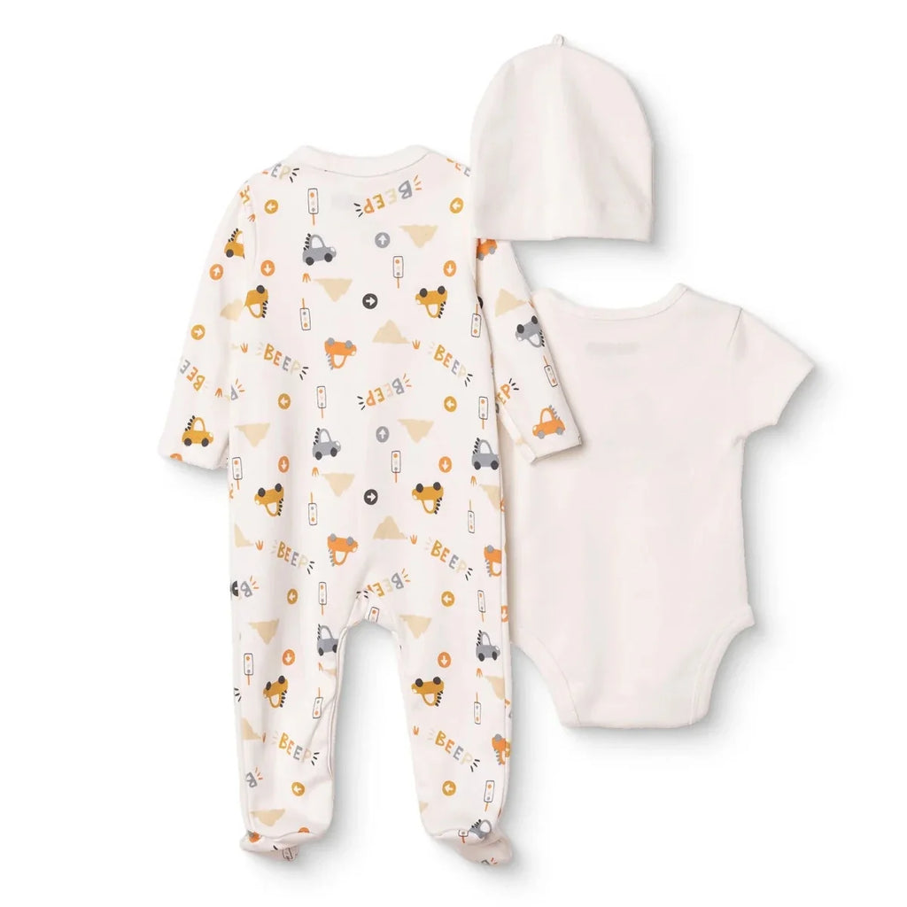 HelloBaby Car Print Baby Bodysuit, Hat & Sleepsuit Set (Newborn to 3-6 Months) - Ecru