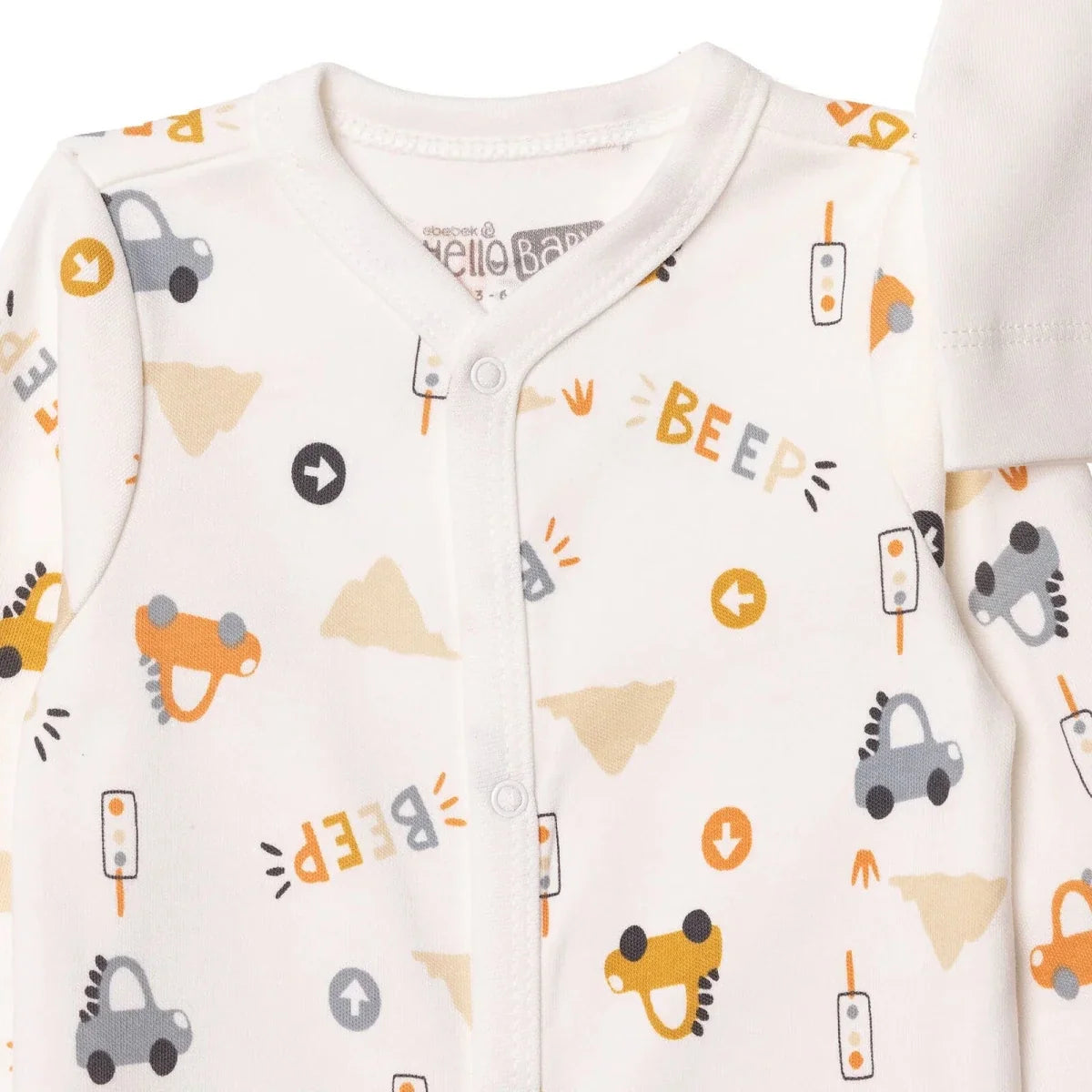 HelloBaby Car Print Baby Bodysuit, Hat & Sleepsuit Set (Newborn to 3-6 Months) - Ecru