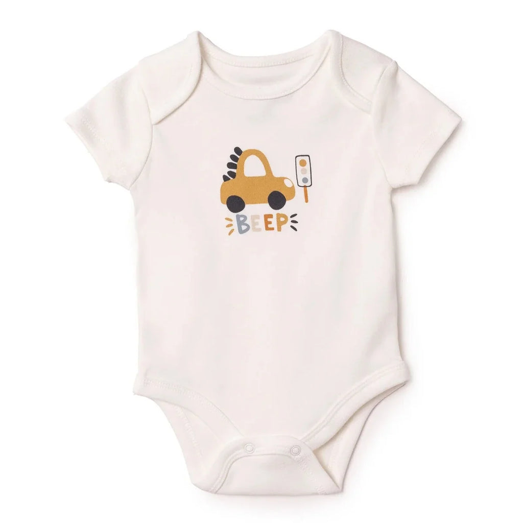 HelloBaby Car Print Baby Bodysuit, Hat & Sleepsuit Set (Newborn to 3-6 Months) - Ecru
