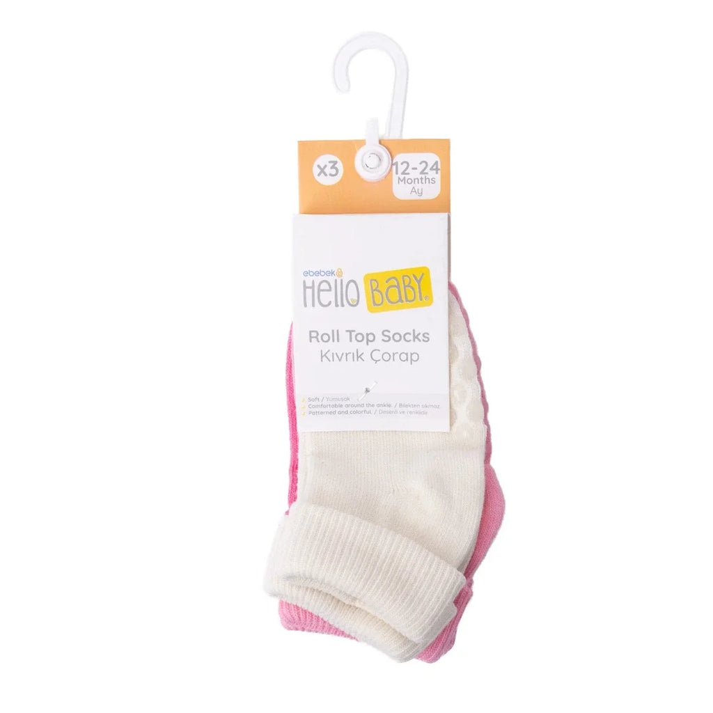 HelloBaby 3 Pack Roll-Top Baby Socks (Newborn to 12-24 Months) - Pink