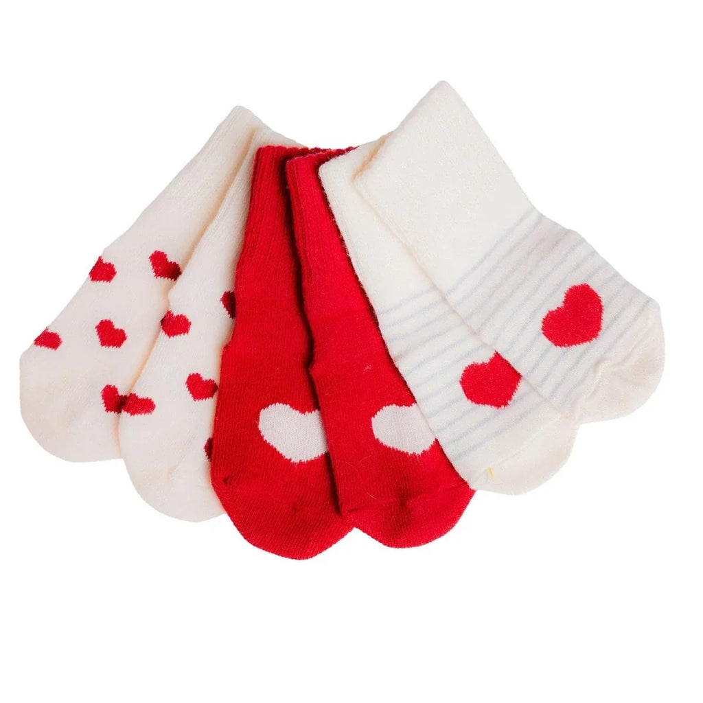 HelloBaby Heart Print 3 Pack Roll-Top Baby Socks (Newborn to 12-24 Months) - Red