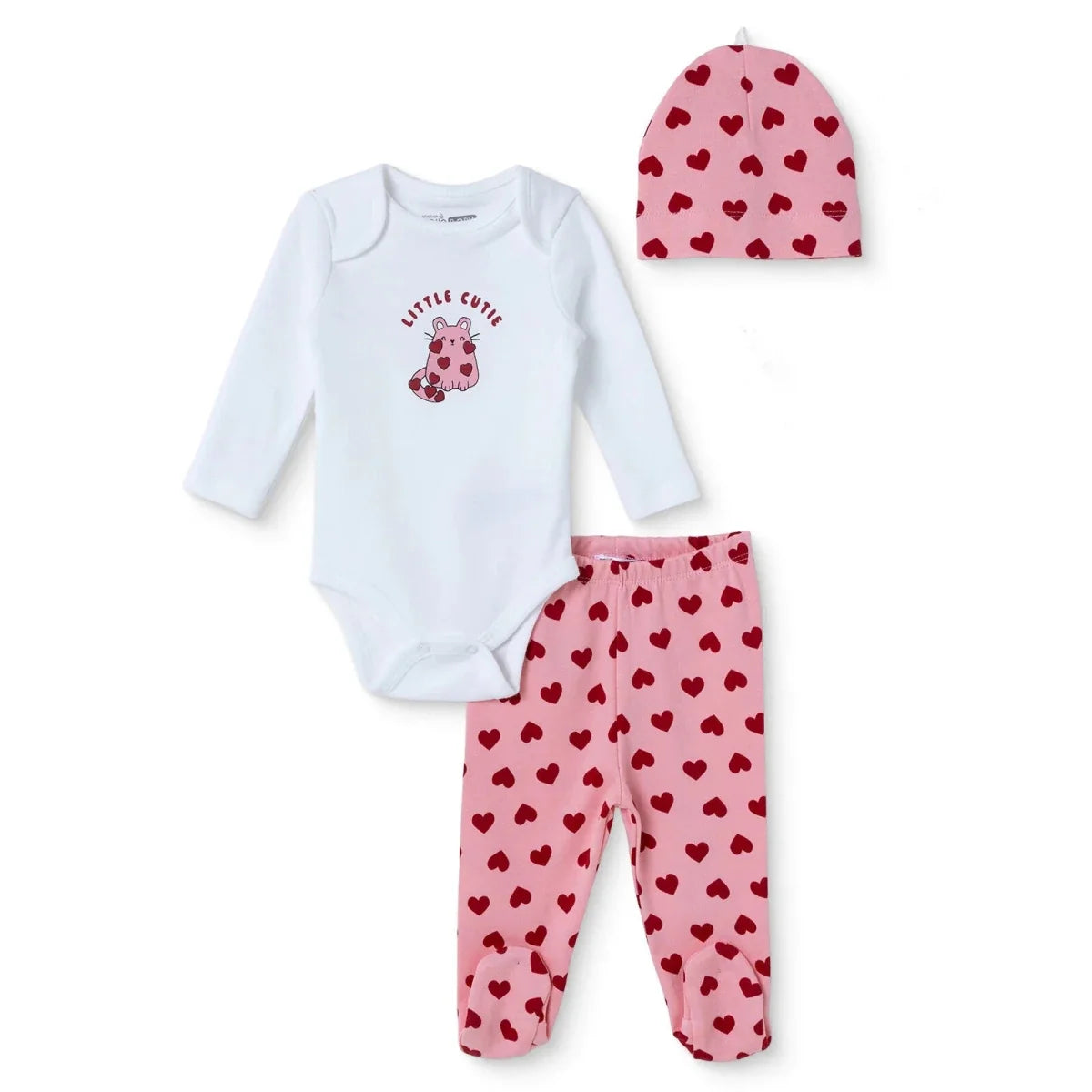 HelloBaby "Little Cutie" Slogan Baby Bodysuit, Hat & Bottoms Set (Newborn to 6-9 Months) - Pink