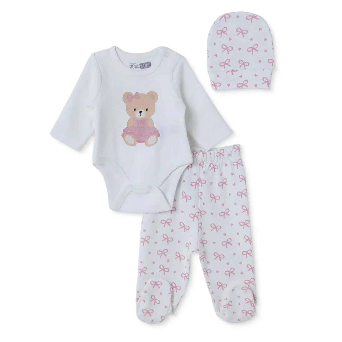 HelloBaby Bear Print Baby Bodysuit, Hat & Bottoms Set (Newborn to 6-9 Months) - Pink