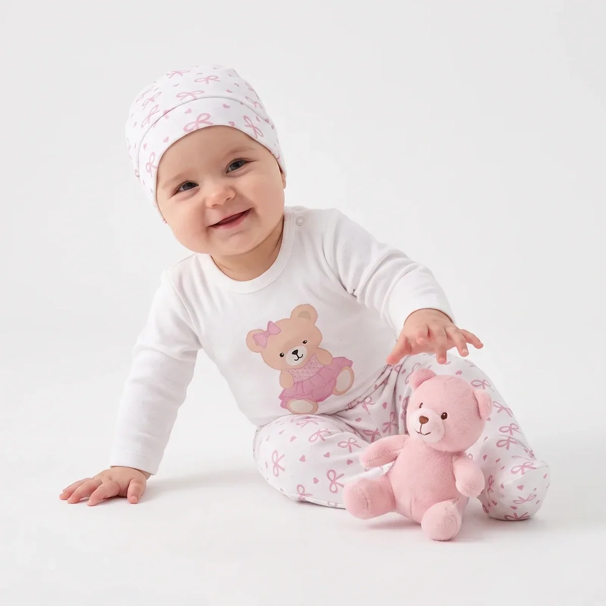HelloBaby Bear Print Baby Bodysuit, Hat & Bottoms Set (Newborn to 6-9 Months) - Pink