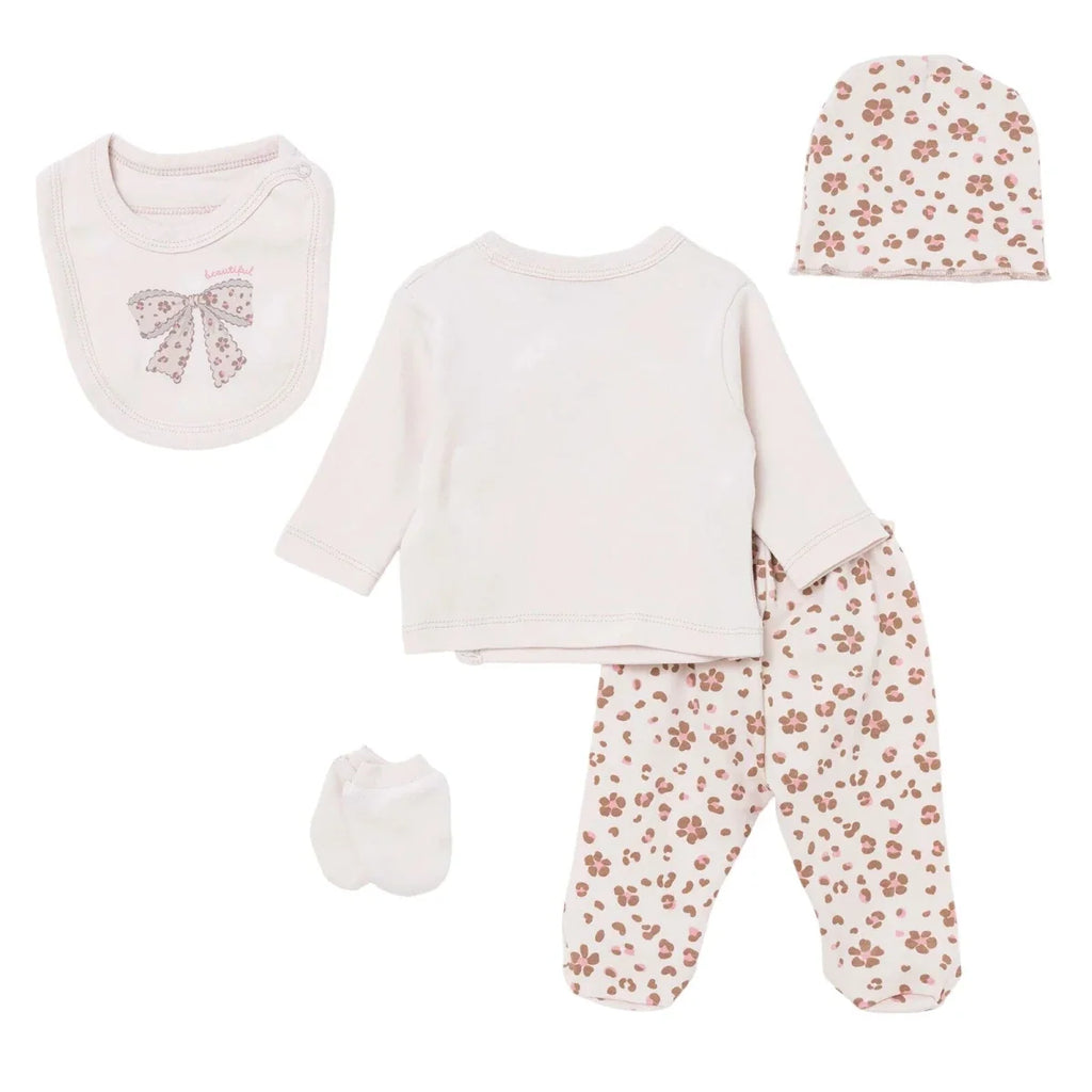 HelloBaby 5 Piece Crew Neck Animal Print Boxed Baby Hospital Bag Set (Newborn) - Ecru