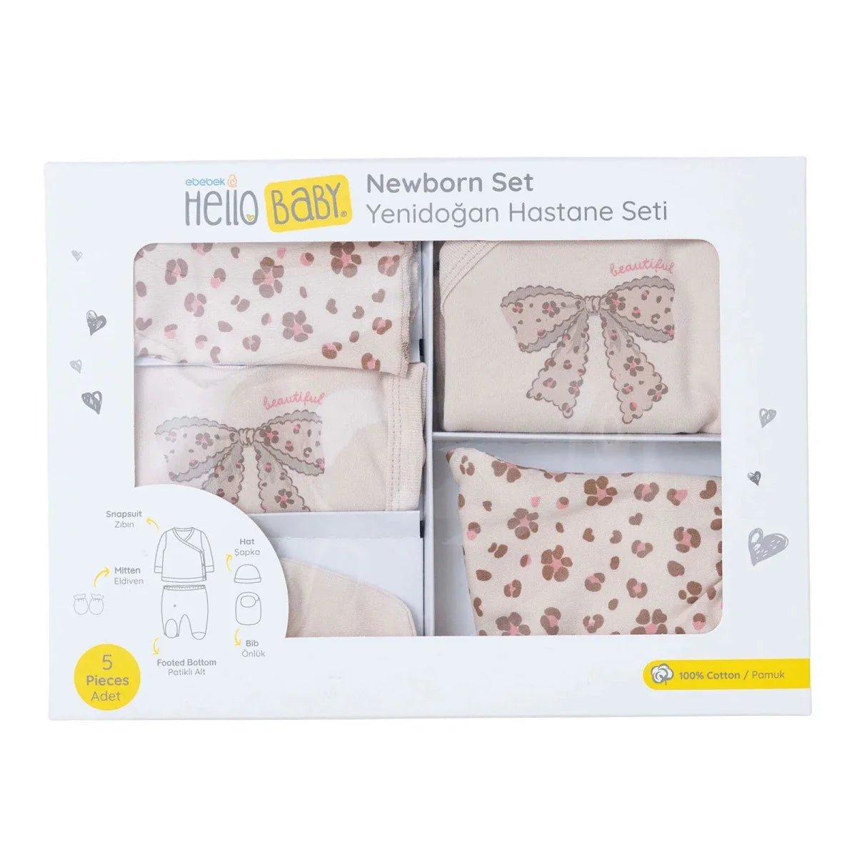 HelloBaby 5 Piece Crew Neck Animal Print Boxed Baby Hospital Bag Set (Newborn) - Ecru