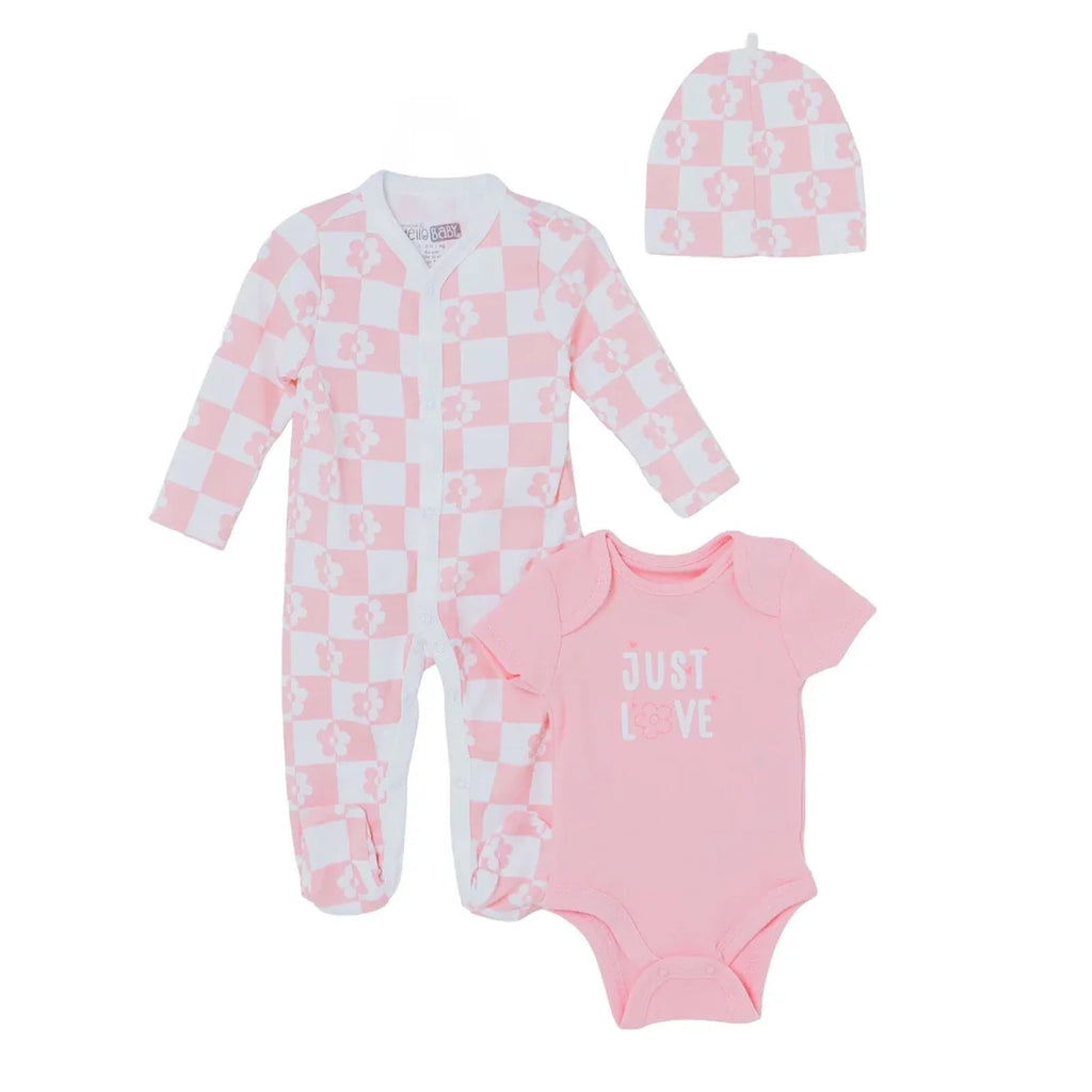 HelloBaby "Just Love" Slogan Baby Bodysuit, Hat & Sleepsuit Set (Newborn to 3-6 Months) - Pink