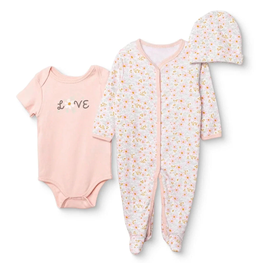HelloBaby Floral Print Baby Bodysuit, Hat & Sleepsuit Set (Newborn to 3-6 Months) - Pink