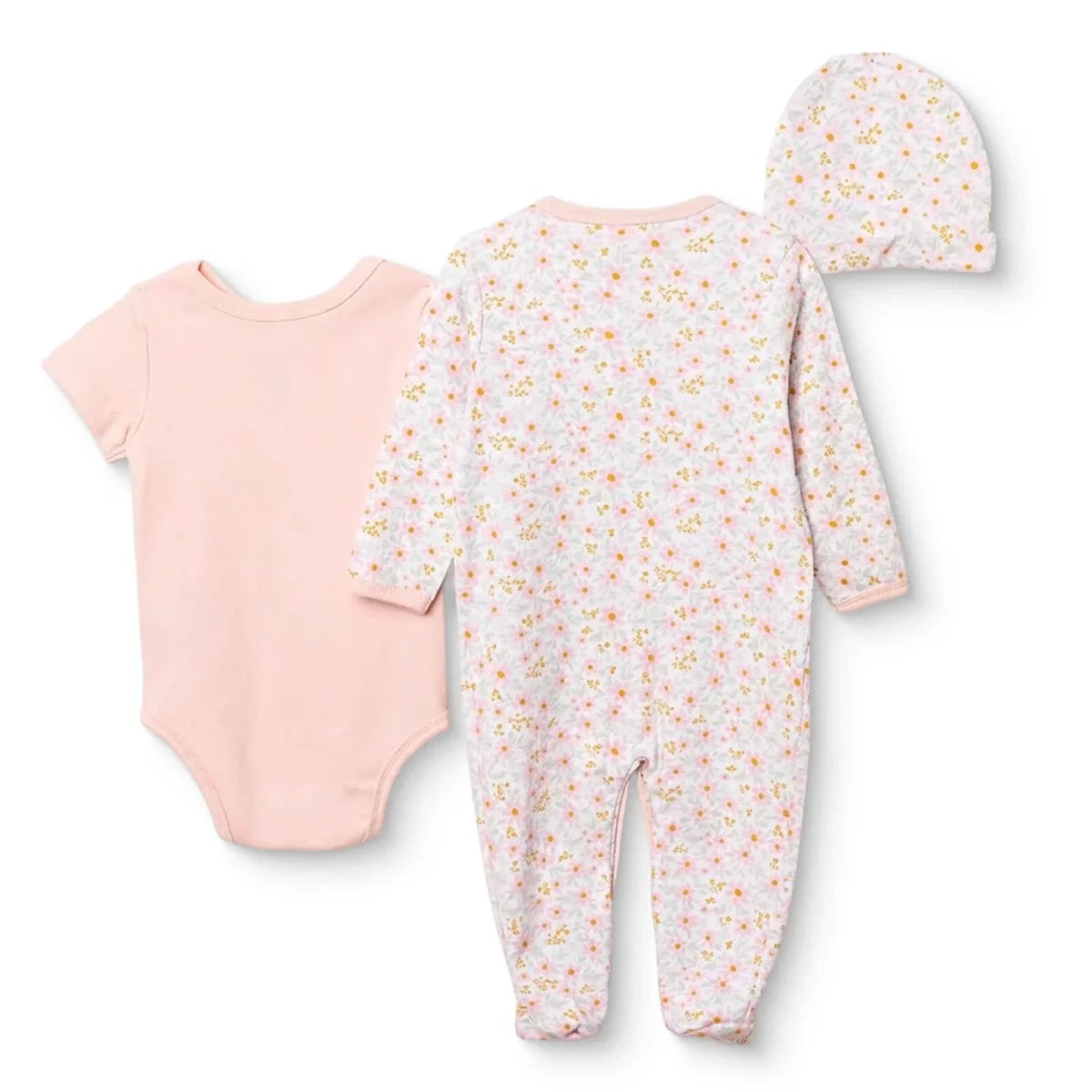 HelloBaby Floral Print Baby Bodysuit, Hat & Sleepsuit Set (Newborn to 3-6 Months) - Pink