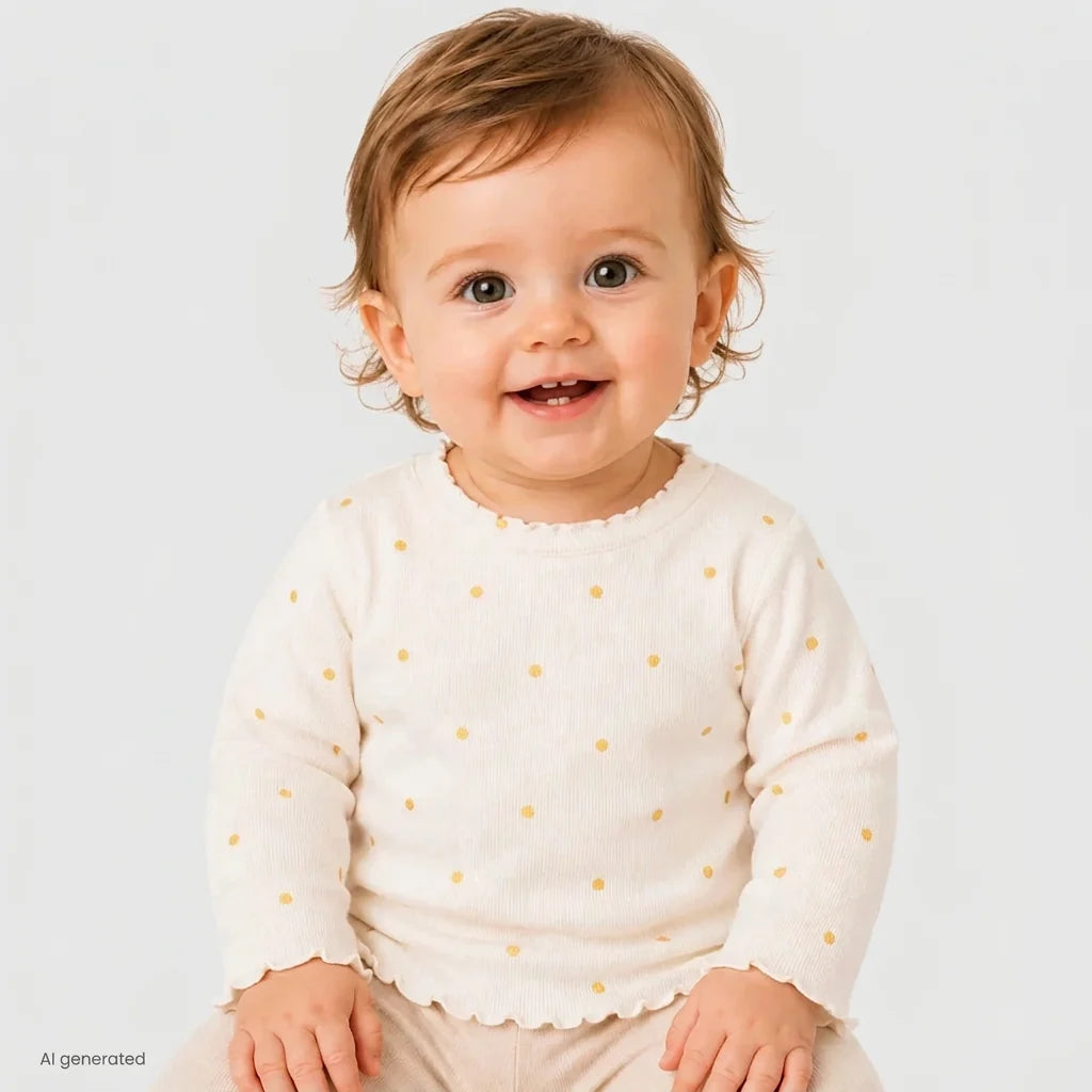 HelloBaby Polka Dot Print Long Sleeve Baby T-Shirt (3-6 Months to 2-3 Years) - Ecru Printed
