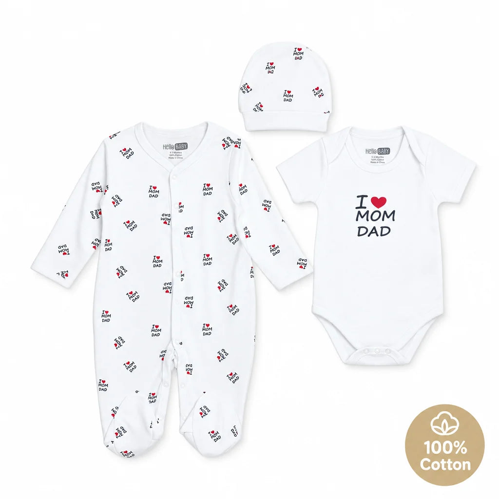 HelloBaby Slogan Print Baby Bodysuit, Hat & Footed Sleepsuit Set (Newborn to 6-9 Months) - Ecru