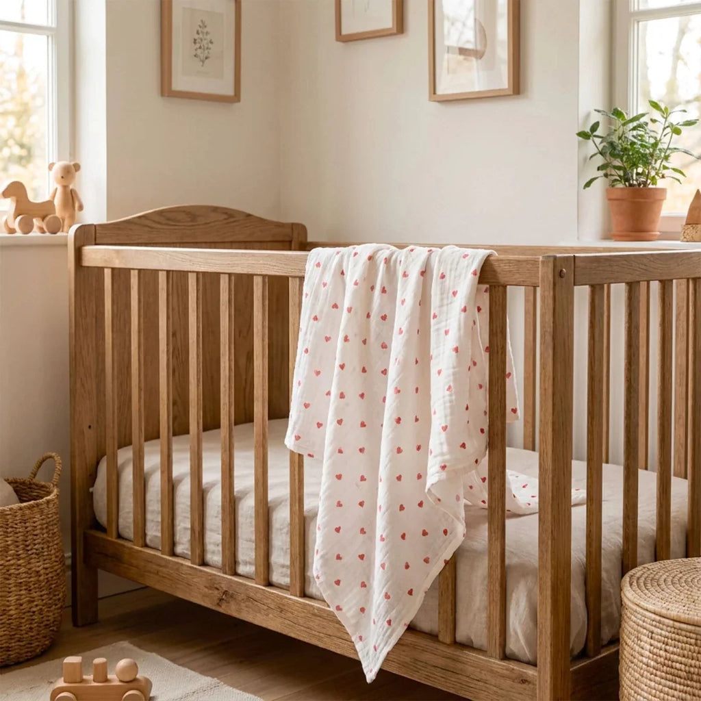 Little Dreams Heart Print Muslin Baby Blanket (100 x 110 cm) - Red Printed