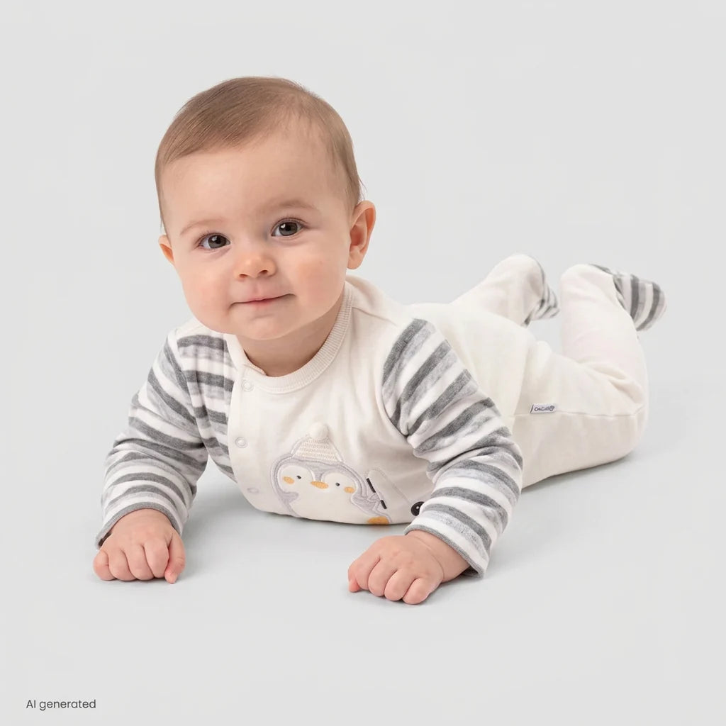 Bebetto Penguin Print Velour Footed Baby Sleepsuit (Newborn to 6-9 Months) - Grey