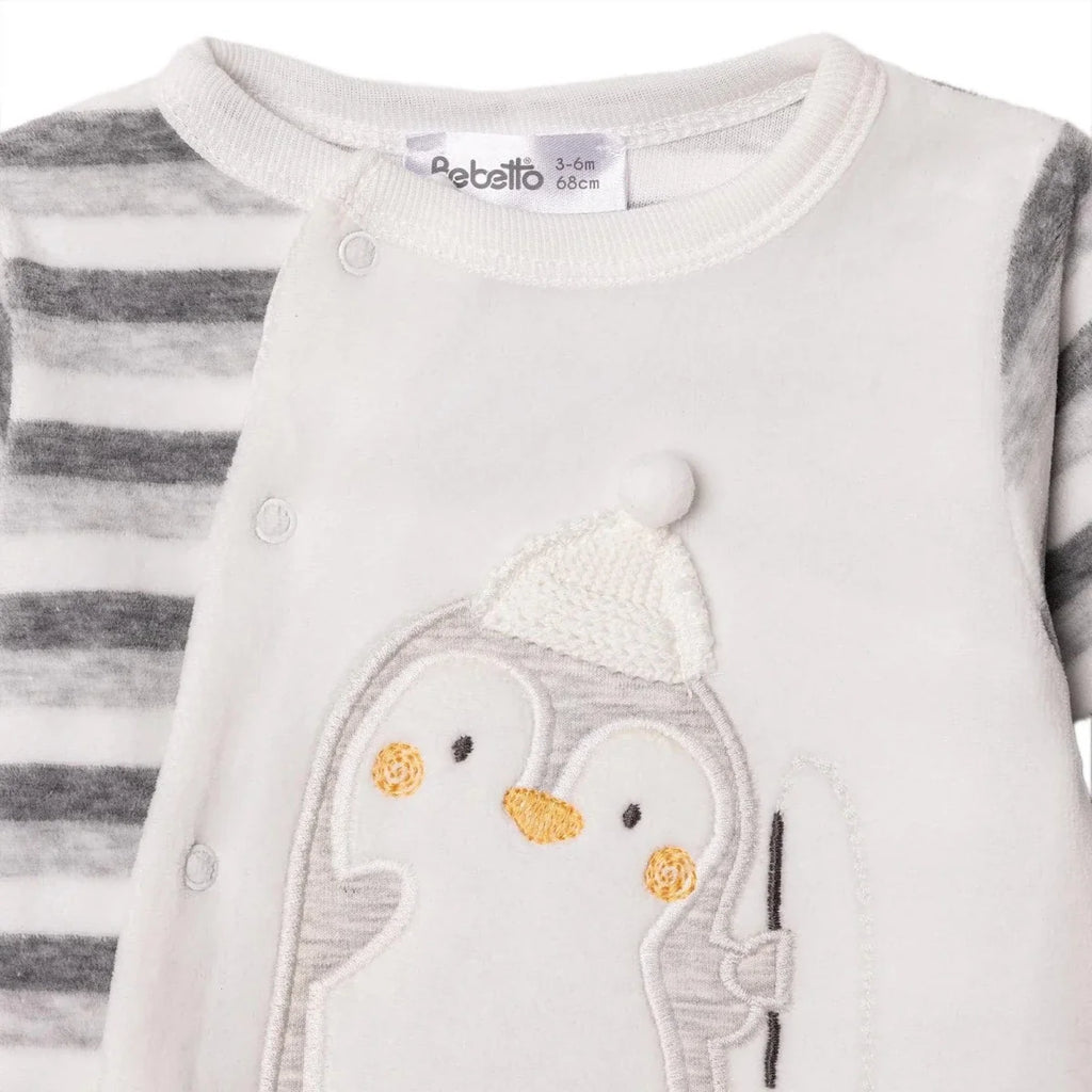 Bebetto Penguin Print Velour Footed Baby Sleepsuit (Newborn to 6-9 Months) - Grey