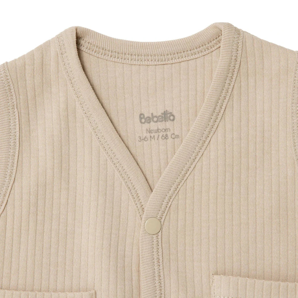 Bebetto Buttoned Pocket V Neck Animal Print Baby Gilet (1-3 Months to 12 Months) - Beige