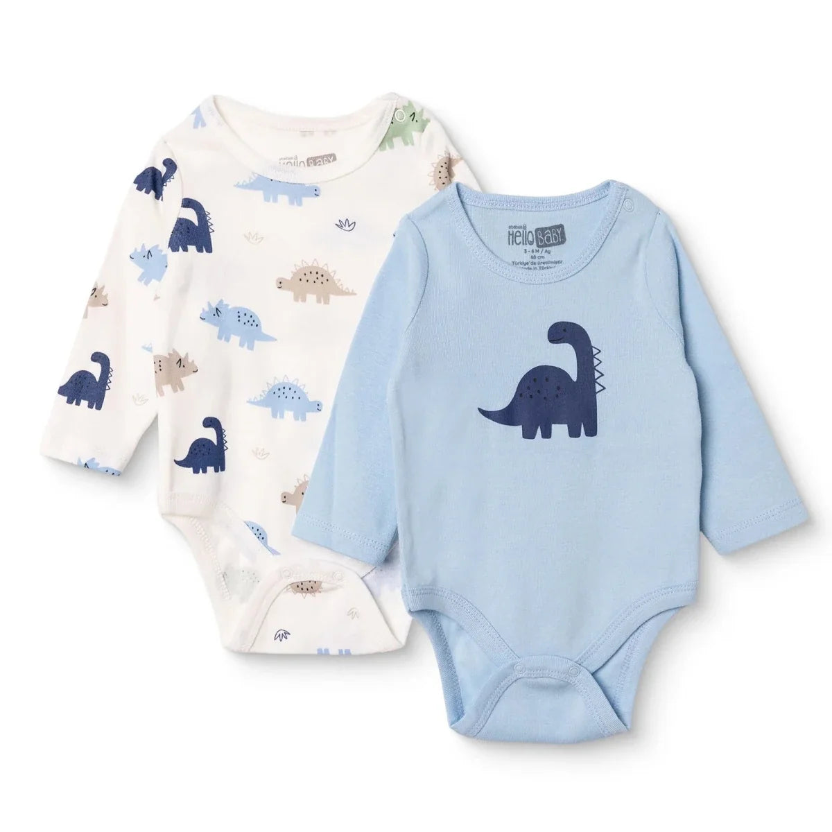 HelloBaby 2 Pack Dinosaur Print Long Sleeve Baby Bodysuits (1-3 Months to 2-3 Years) - Light Blue