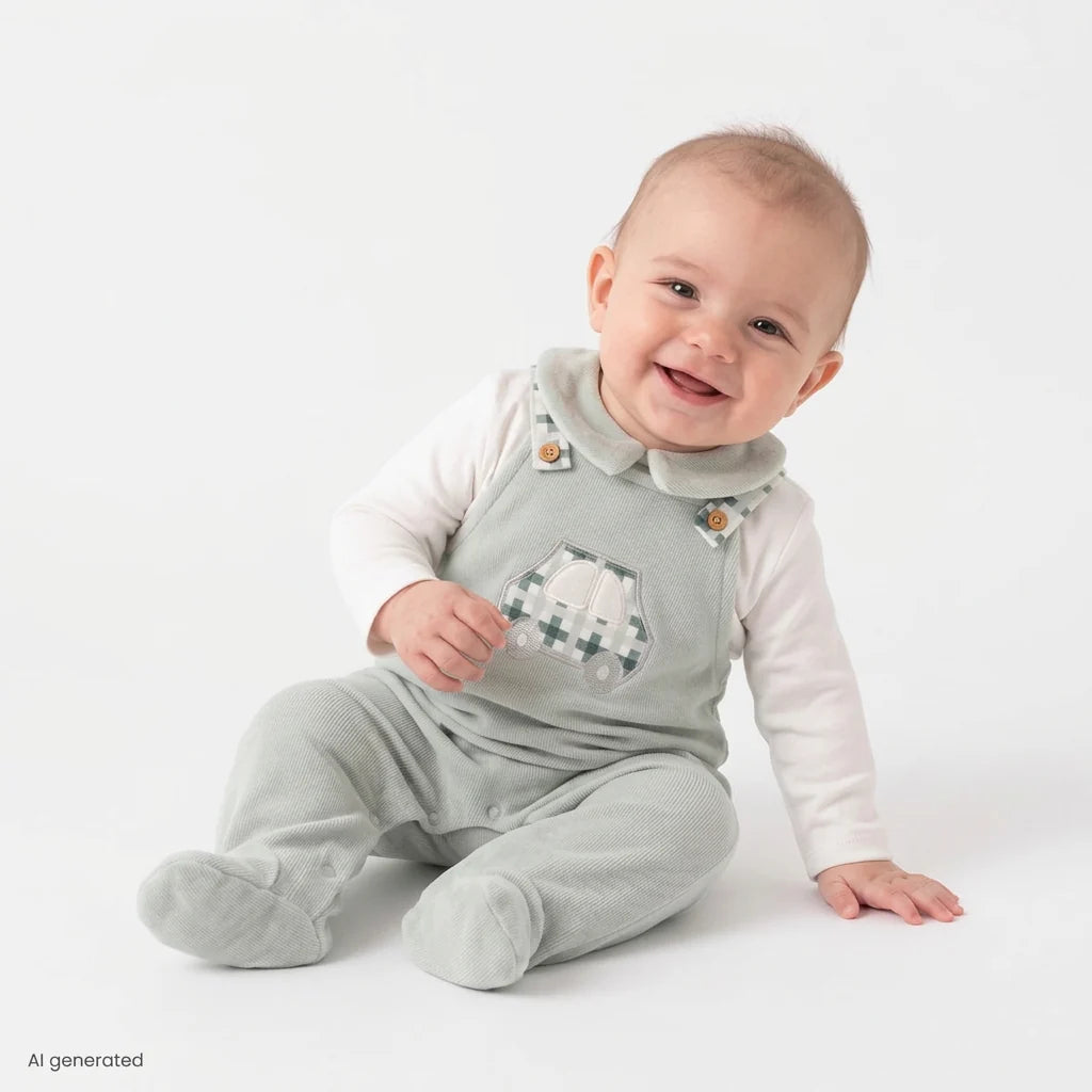 HelloBaby Car Embroidered Corduroy Footed Baby Sleepsuit (Newborn to 6-9 Months) - Green