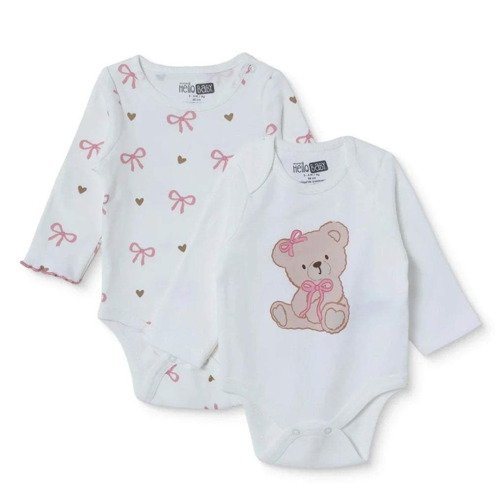 HelloBaby 2 Pack Heart Print Long Sleeve Baby Bodysuits (1-3 Months to 2-3 Years) - Ecru