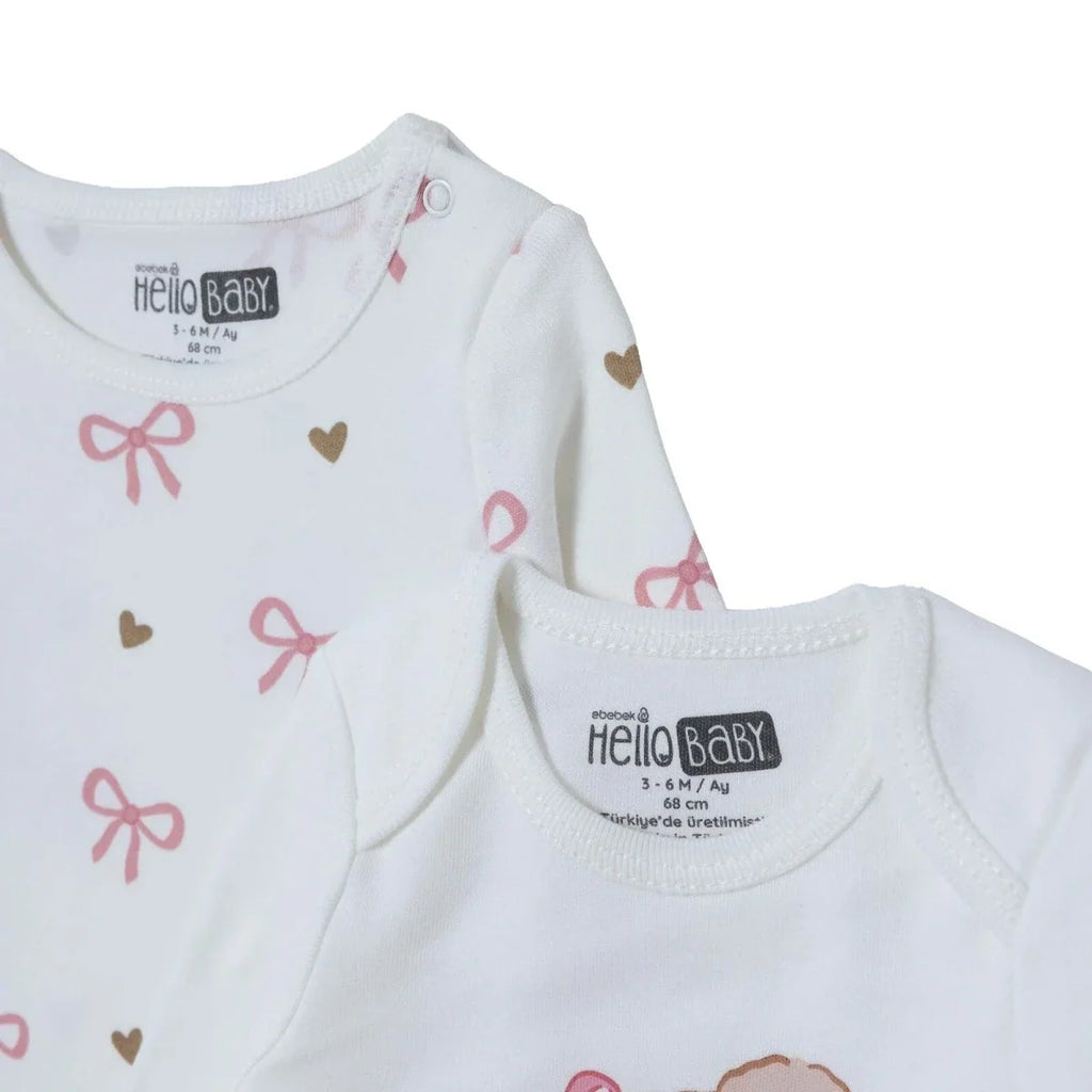 HelloBaby 2 Pack Heart Print Long Sleeve Baby Bodysuits (1-3 Months to 2-3 Years) - Ecru