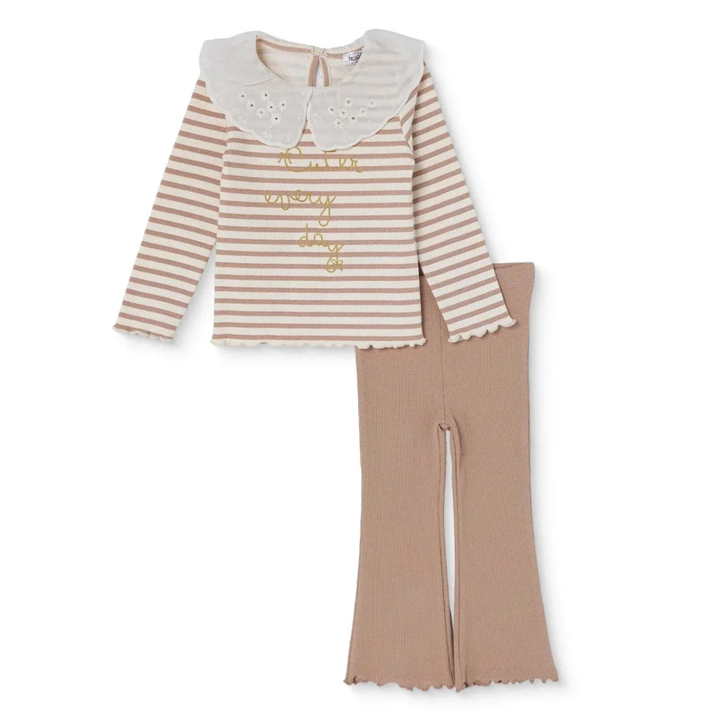 HelloBaby Lace Collar Long Sleeve Baby Top & Leggings Set (3-6 Months to 4-5 Years) - Ecru Printed