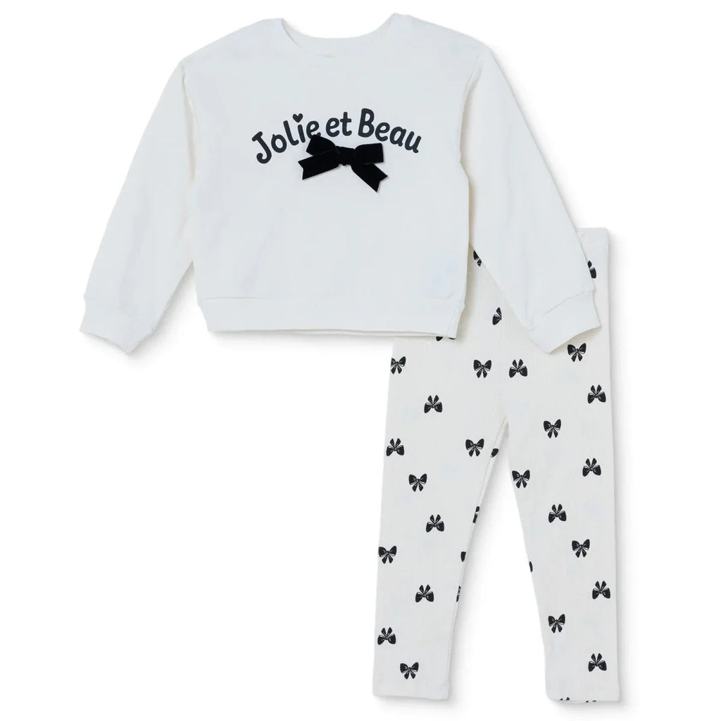 HelloBaby Bow Print Baby Sweatshirt & Leggings Set (3-6 Months to 4-5 Years) - Ecru Printed