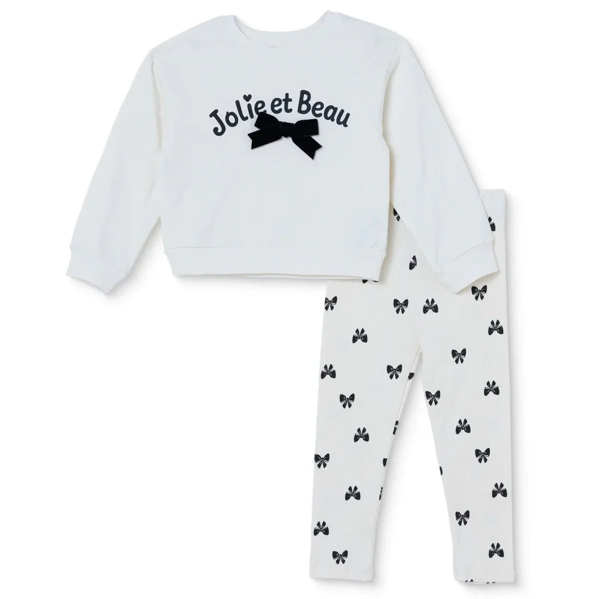 HelloBaby Bow Print Baby Sweatshirt & Leggings Set (3-6 Months to 4-5 Years) - Ecru Printed