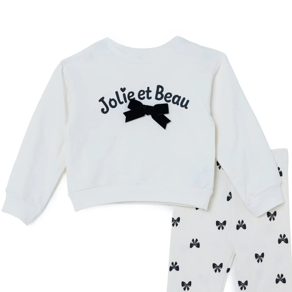 HelloBaby Bow Print Baby Sweatshirt & Leggings Set (3-6 Months to 4-5 Years) - Ecru Printed