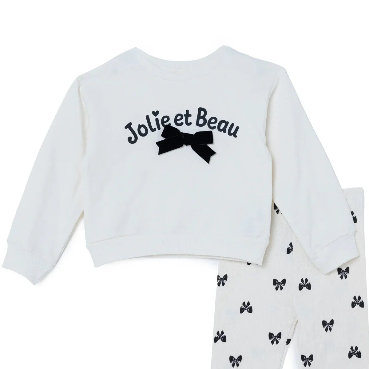 HelloBaby Bow Print Baby Sweatshirt & Leggings Set (3-6 Months to 4-5 Years) - Ecru Printed