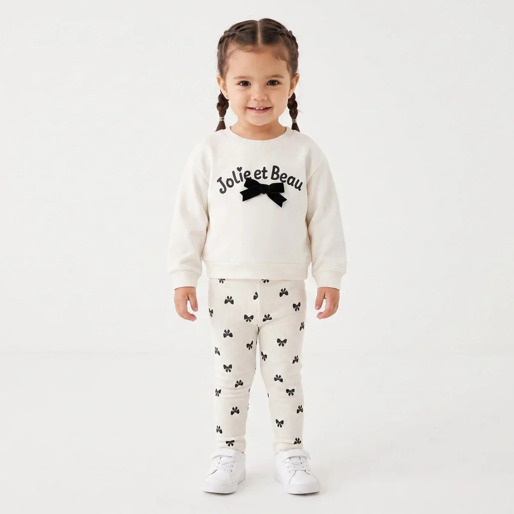 HelloBaby Bow Print Baby Sweatshirt & Leggings Set (3-6 Months to 4-5 Years) - Ecru Printed