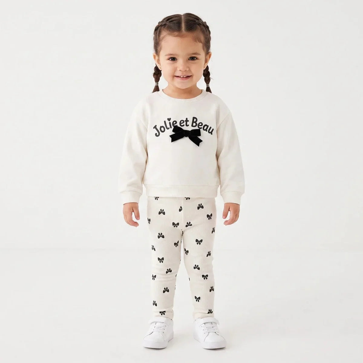 HelloBaby Bow Print Baby Sweatshirt & Leggings Set (3-6 Months to 4-5 Years) - Ecru Printed