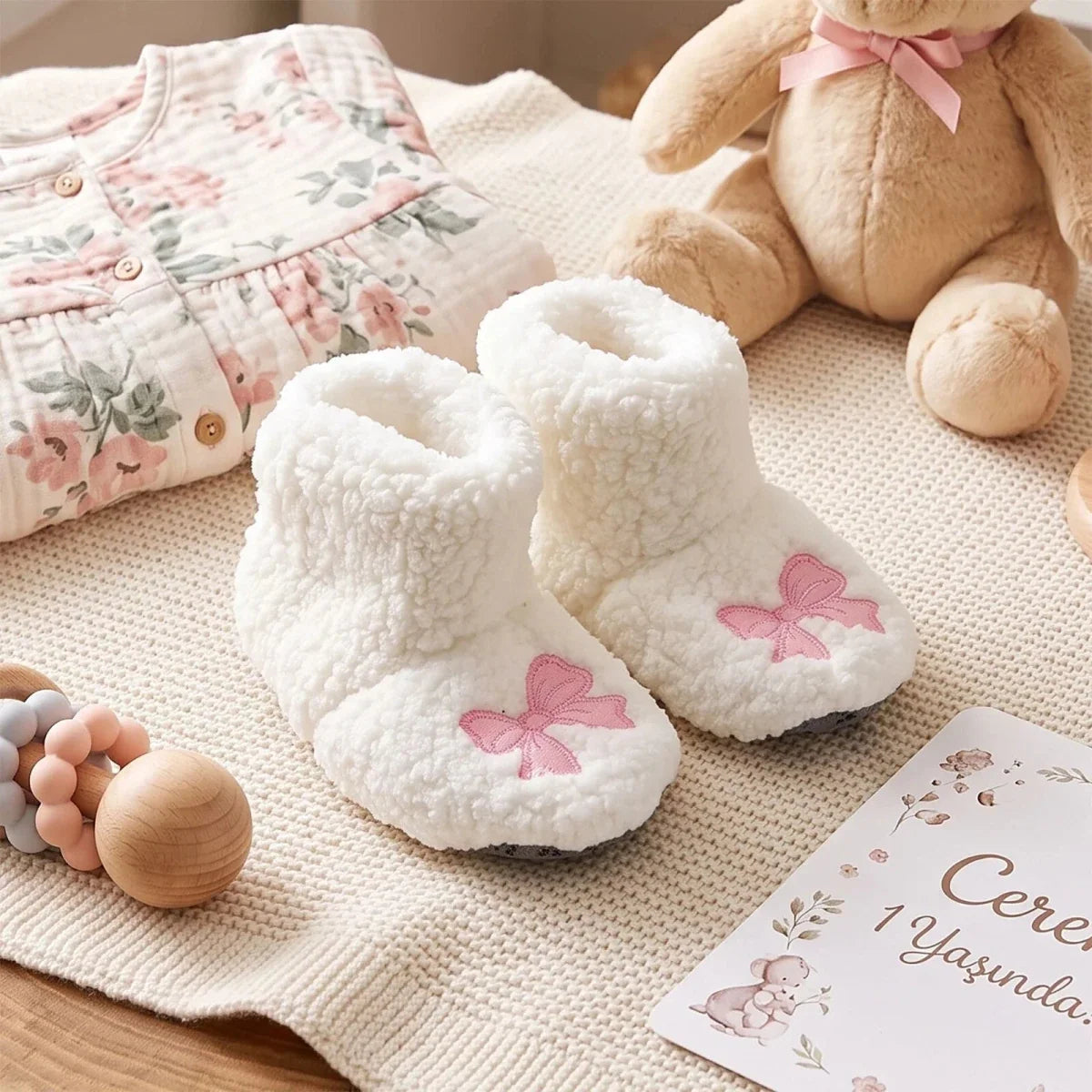 HelloBaby Bow Embroidered Soft Fleece Baby Slippers (UK 5 to 8.5) - White