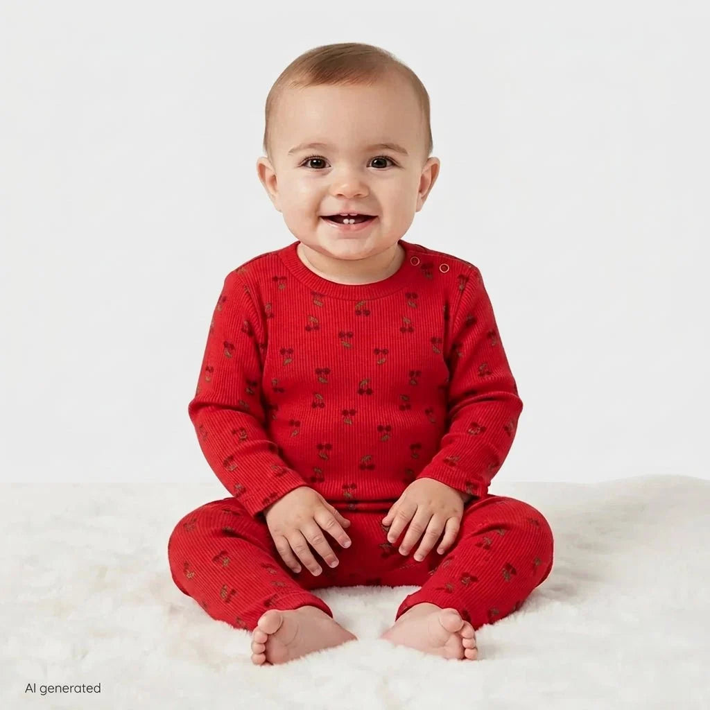 HelloBaby 2 Piece Cherry Print Baby T-Shirt & Leggings Set (1-3 Months to 12 Months) - Red